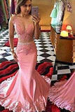 Pink Lace Mermaid Long See Through Sleeveless Beads V-Neck Cheap Party Prom Dress 17031