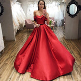 Red Ball Gown Off the Shoulder V Neck Satin Prom Dresses, Evening SJS15660