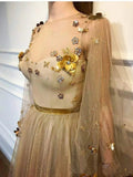 Elegant 3D Flowers Long Sleeve Prom Dresses Golden Rhinestone Evening Dresses SJS15143