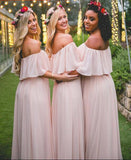 Simple Pink Off the Shoulder Pink Ruffles Long Bridesmaid Dresses GD00003