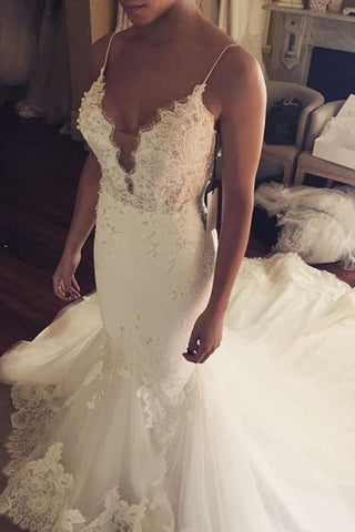 Wedding Dresses Mermaid Spaghetti Straps With Applique Tulle