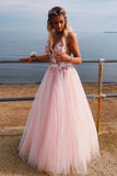 Elegant Deep V Neck Backless Long Pink Prom Dress with Appliques Beading, Party Dress SJS15165