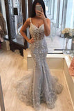 Unique Spaghetti Straps Mermaid Grey V-neck Prom Dresses with Applique SJS15467