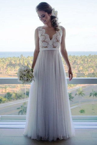 Elegant V Neck A Line Lace Wedding Dresses Long Bridal Gown