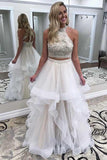 A line Ivory Beads Halter Ruffles Prom Dresses Long Open Back Party Dresses JS693