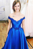 Royal Blue Sweetheart Off the Shoulder Satin Lace up Prom Dresses with Appliques JS682