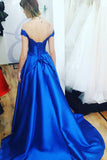 Royal Blue Sweetheart Off the Shoulder Satin Lace up Prom Dresses with Appliques JS682