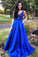 A Line Royal Blue Straps Satin Beads Prom Dresses with Pockets Long Formal Dresses JS748