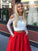 A Line Red and White Long Sleeve Satin Two Piece Prom Dresses with Pockets JS729