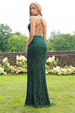 Sexy Mermaid Green V Neck Sequins Criss Cross Prom Dresses Cheap Evening Dresses JS701