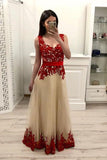 A line Tulle Red Lace Appliques V Neck Prom Dresses with Tulle Long Evening Dresses JS727