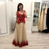 A line Tulle Red Lace Appliques V Neck Prom Dresses with Tulle Long Evening Dresses JS727