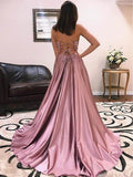A Line V Neck Satin Lace up Dusty Rose High Slit Prom Dresses Long Evening Dresses JS699