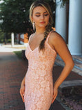 Sexy Blush Pink Mermaid Lace V Neck Prom Dresses with Beading Party Dresses JS728