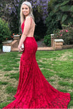 Mermaid Red Lace Backless V Neck Long Prom Dresses Cheap Evening Dresses JS726
