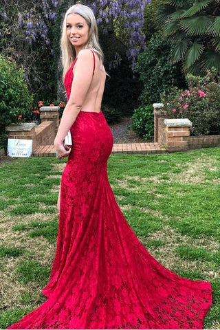 Mermaid Red Lace Backless V Neck Long Prom Dresses Cheap Evening Dresses JS726