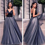 Gorgeous V-neck Black Satin Top Long A-line Tulle Prom Dresses PD0217