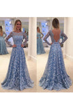 Scoop Long Sleeves Lace With Sash A Line Sweep Train Prom Dresses