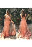 Tulle Prom Dresses Scoop With Applique Sweep Train A Line