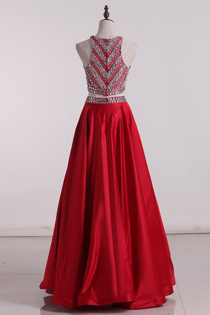 Prom Dresses A Line Scoop Satin With Beading Floor Length