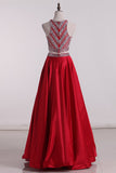 Prom Dresses A Line Scoop Satin With Beading Floor Length