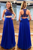 Stunning Two Piece Jewel Sleeveless Floor-Length Royal Blue Prom Dress with Beading JS598