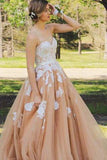 Elegant Sweetheart Floor Length Lace Top Champagne Prom Dresses JS591