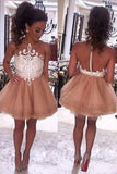 Modern Illusion Neck Sleeveless Short Champagne Prom Dresses JS588
