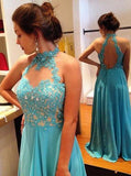 Stylish Halter Floor-Length Open Back Prom Dress with Beading Lace Top Prom Dresses JS584