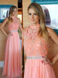Nectarean High Neck Floor-Length Sleeveless Peach Prom Dress with Beading Lace Top JS585