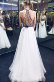 Nectarean Halter Sleeveless Sweep Train White Prom Dress with Printed Flowers JS586