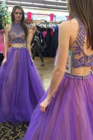 Stylish Two Piece High Neck Floor-Length Prom Dress with Beading Open Back JS587