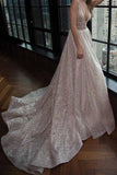 Honorable Deep V-Neck Court Train Pink Backless Prom Dresses with Sequins JS748