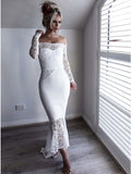 Long Sleeve Lace Appliques Sheath White Prom Dresses Off the Shoulder