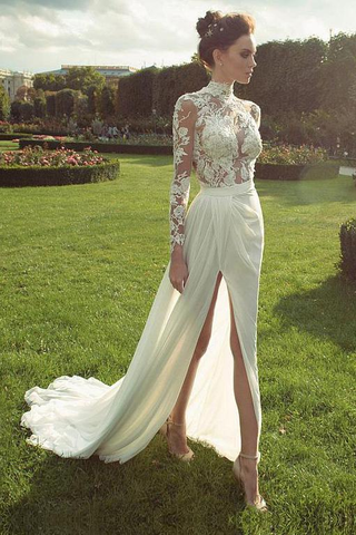 Gorgeous High Neck Long Sleeve Lace Top Side Slit Ivory Chiffon Wedding Dress
