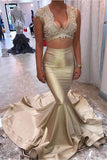 Two Piece V-Neck Court Train Sleeveless Gold Satin Appliques Sleeveless Prom Dresses JS278