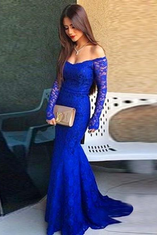Royal Blue Lace Long Sleeves Sexy Prom Dresses for Teens JS389