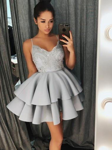 A-Line Spaghetti Straps Sweetheart Grey Satin Homecoming Dress with Lace Beading JS592