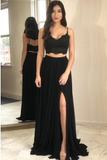Two Pieces Black Lace Backless High Neck Open Back Sheath Prom Dresses