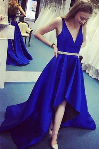 Satin A-Line Deep V-Neck High Low Royal Blue Prom Dresses with Belt