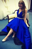 Satin A-Line Deep V-Neck High Low Royal Blue Prom Dresses with Belt
