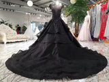 Stunning Cap Sleeves Ball Gown Black Long Wedding Dresses with Beads