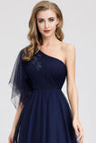 Simple A Line One Shoulder Navy Blue Tulle Prom Dresses Cheap Formal Dresses SJS15382