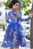 Unique Ball Gown Appliques Knee-Length Long Sleeve A-Line Tulle Royal Blue Sweet 16 Gown JS119