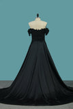 Off The Shoulder Stretch Satin Prom Dresses A Line With Applique And Slit