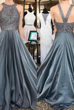 Beautiful Long Beading Open Back A-Line Gray Prom Dresses Party Dresses