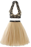 High Neck Open Back Tulle With Beading Homecoming Dresses A Line
