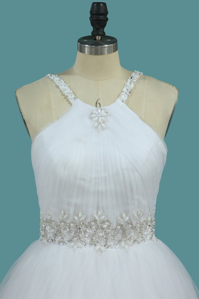 A Line Wedding Dress Halter Beaded Straps And Waistline Tulle Pleated Bodice