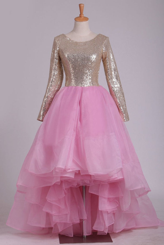 Long Sleeves Scoop Asymmetrical Sequined Bodice Prom Dresses A Line
