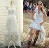 A Line V Neck Vintage High Low Cap Sleeves Lace Appliques Wedding Dresses